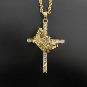 XINCY JEWELRY Inlaid Zircon Crown Cross Pendant Necklace 60cm Chain Length for Men Women Christian Kids Fashion Jewelry Gifts
