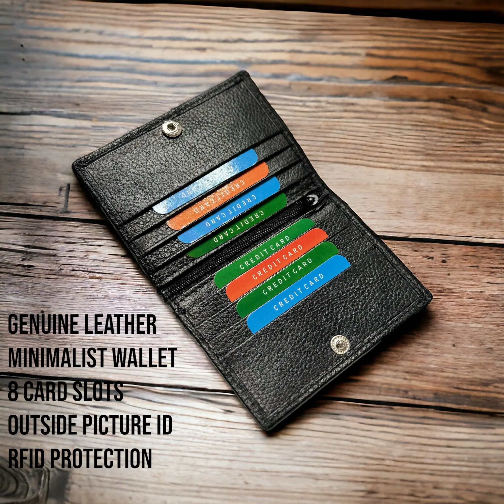 Leatherboss Slim Compact Card Holder - 8 Card Slots, Snap Closure, Minimalist Zipper Leather Wallet for Travel, Minimalist Wallet
