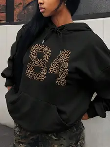 Women's Leopard Number Print Drawstring Fitted Hoodie, Fashion Casual Hooded Sweatshirt for Daily Holiday Outdoor Wear, Women Clothing for Fall & Winter
