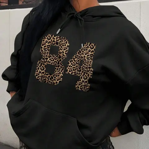 Women's Leopard Number Print Drawstring Hoodie, Fashion Casual Hooded Sweatshirt for Daily Holiday Outdoor Wear, Women Clothing for Fall & Winter, Casual Hoodie Tops