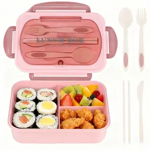 eat box 1200 ML Leak-proof Bento Box with Cutlery, 3 Cell Food-grade Plastic Lunch Container, BPA-free, Microwave & Dishwasher Safe, Portatile for Adults & Kids Lids Tableware Pink