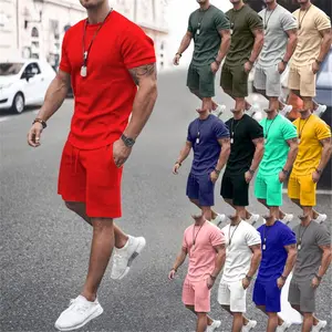 Cotton Men's Summer Streetwear Short-Sleeve Shorts Set 2025 - Comfortable and Breathable Casual Sportwear in Large Sizes Clothes Top  Red Crewneck Menswear sets for men clothing Fabric Polyester Suits Gamis