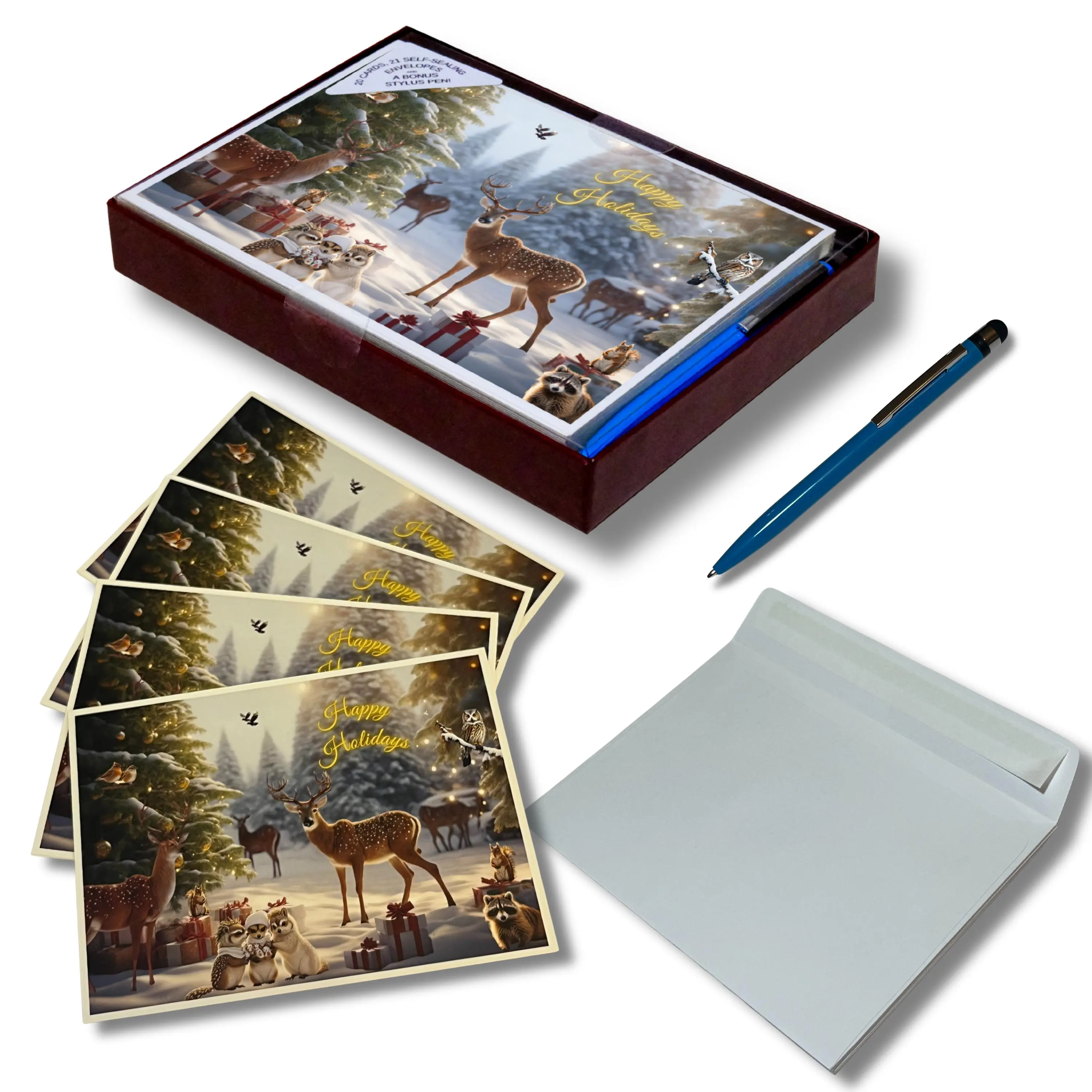 Christmas Cards Box Set – 20 Holiday Greeting Cards with Envelopes – Friendship Theme Forest Animals – Keepsake Storage Box & Bonus Pen, Nebula Voyager