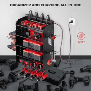 TRZZ Men's Gift Idea Heavy-Duty Garage Tool Storage Rack - 3 Tier Movable Organizer with Cordless Drill Hanger, Circular Saw Holder & 8 Drill Slots