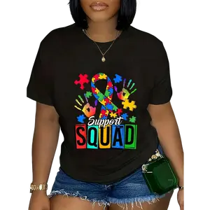 Women's 100% Cotton Shortsleeve Round Neck Fitted Tshirt - Autism-Friendly Women's T-Shirts, Black Streetwear Activist Apparel Casual Top with Autism Awareness Print