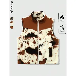 Neutral street-style cow-print vest with zippered pockets, casual puffer jacket, warm clothing for autumn and winter GARMENTARY