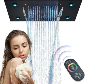 14X20 Inch LED Ceiling  Rain Shower Head Matte Black LED Waterfall And Rainfall Shower Head Ceil Mounted Rectangle Embedded Type With LED Control