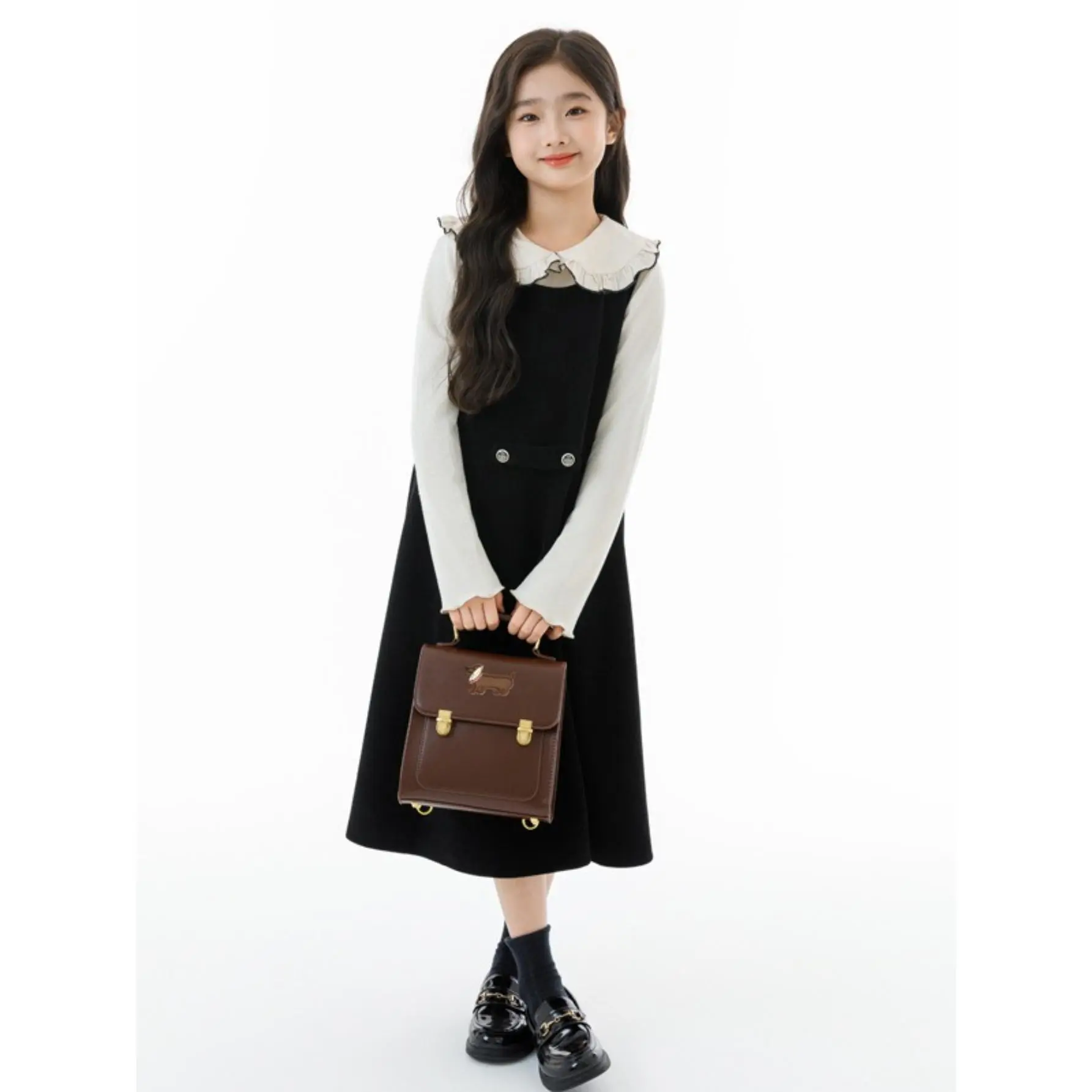 Girls 2pcs Preppy Dress Set |     Cream Ruffled Collar Blouse with Long Sleeves & Black Corduroy Pinafore, Regular Fit, Non-Stretch Fabric, Knee High Length, Solid Color, Casual Style, Perfect for Spring/Fall