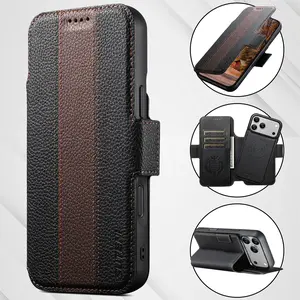 Vintage Striped Luxury Magnetic Leather MagSafe-Compatible Case for iPhone 15/16/17 - Shockproof Wallet Protector with Wireless Charging, Card Holder, Kickstand, Card Slots, Camera Guard, Cash Pocket (Cellphone Accessories)