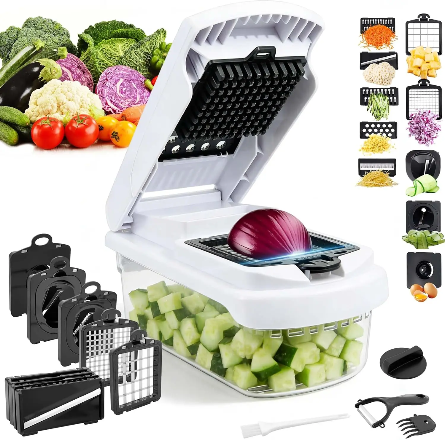 14-in-1 Vegetable Chopper Mandoline Slicer for Kitchen Food Chopper with Container Veggie Cutter Onion Mincer Tomato Dicer Fruit Slicer Spiralizer Cheese Grater Kitchen Gadgets House Essentials