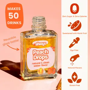 Allways Drops Natural Peach Water Enhancer Drops - Sugar-Free, Zero Calories, Monk Fruit Sweetened, Glass Bottle for Sustainable Hydration, 50 Drinks
