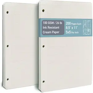 Engineering Pad 2 Pack 8.5” x 11” 100 GSM Paper No Bleed-Through 5x5 Quad Ruled Graph Paper Double-Sided with Standard Header 3 Hole Punched Cream Paper Rounded Corners 200 Pages Each