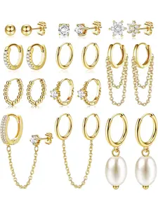 Small Gold Plated Huggie Hoop Earrings for Women Lightweight Double Piercing Chain Earrings Dainty Stud Earrings Hypoallergenic 14K Gold Plated Hoop Earrings Set