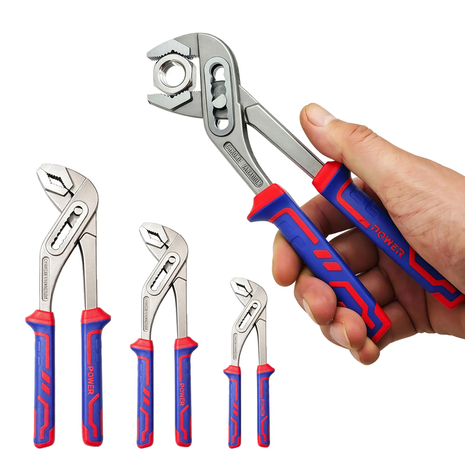 3-Piece Channel Lock Pliers Set, 8/10/12 Inch Adjustable Groove Joint Tools Push-Button Adjustment, Chrome Vanadium Steel, Ergonomic Grips, Serrated Jaws for Plumbing, Pipes, Nuts, Bolts, DIY & Repair