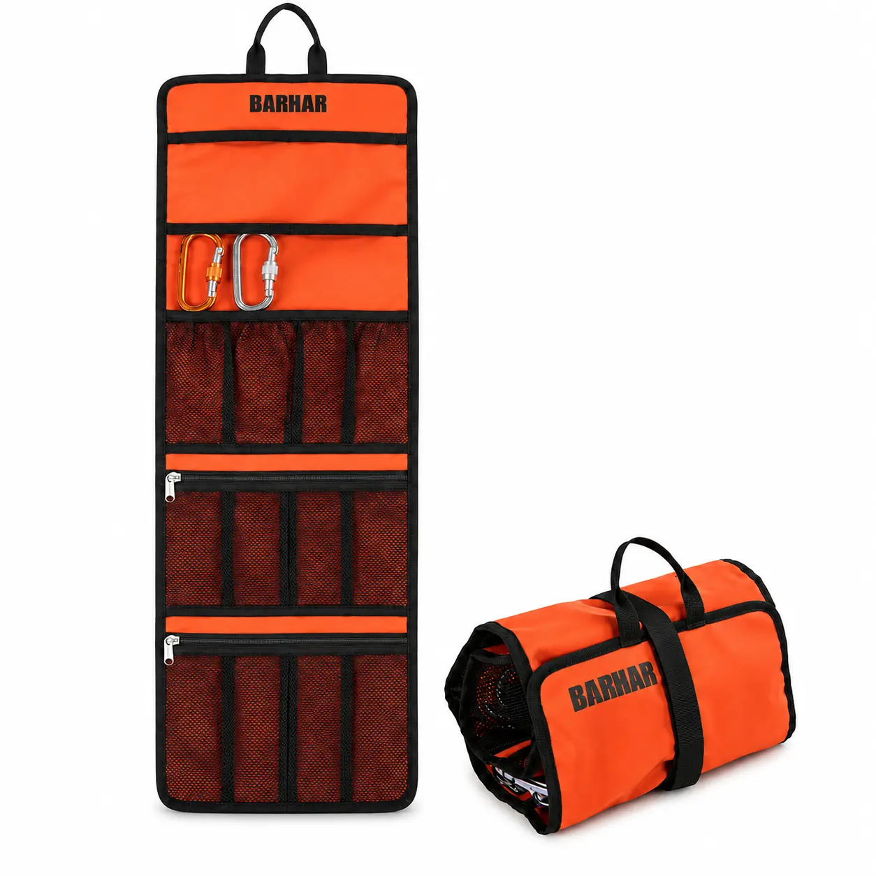 BARHAR Roll-Up Climbing Gear Organizer Bag, Multi-Pocket Hanging Storage Bag for Carabiners, Rope Gear, Arborist Tools, SRT, Caving, Garage & Car Trunk, Water-Resistant Nylon Carry Bag
