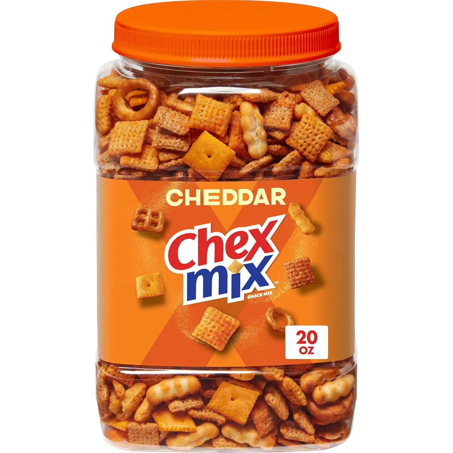 Chex Mix Cheddar Snack Mix, Resealable Tub, 20 oz | Corn & Wheat Chex, Pretzels, Cheese Crackers, Mini Breadsticks, 50% Less Fat than Regular Potato Chips