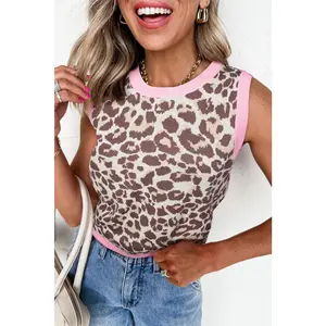 Brown Leopard Pattern Contrast Ribbed Trim Sweater Vest