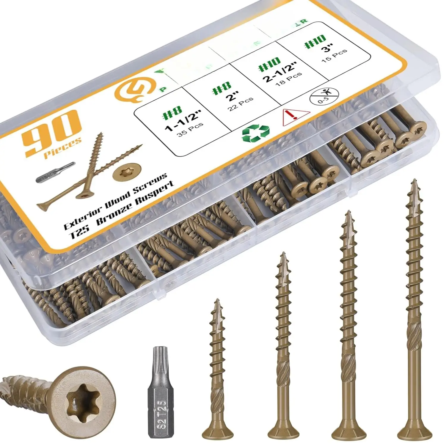 90 count Deck Screws, #8#10  Screws Assortment Kit, Heavy-Duty Exterior, Drive,Bronze (1-1/2",2",2-1/2",3"),T25  Bit
