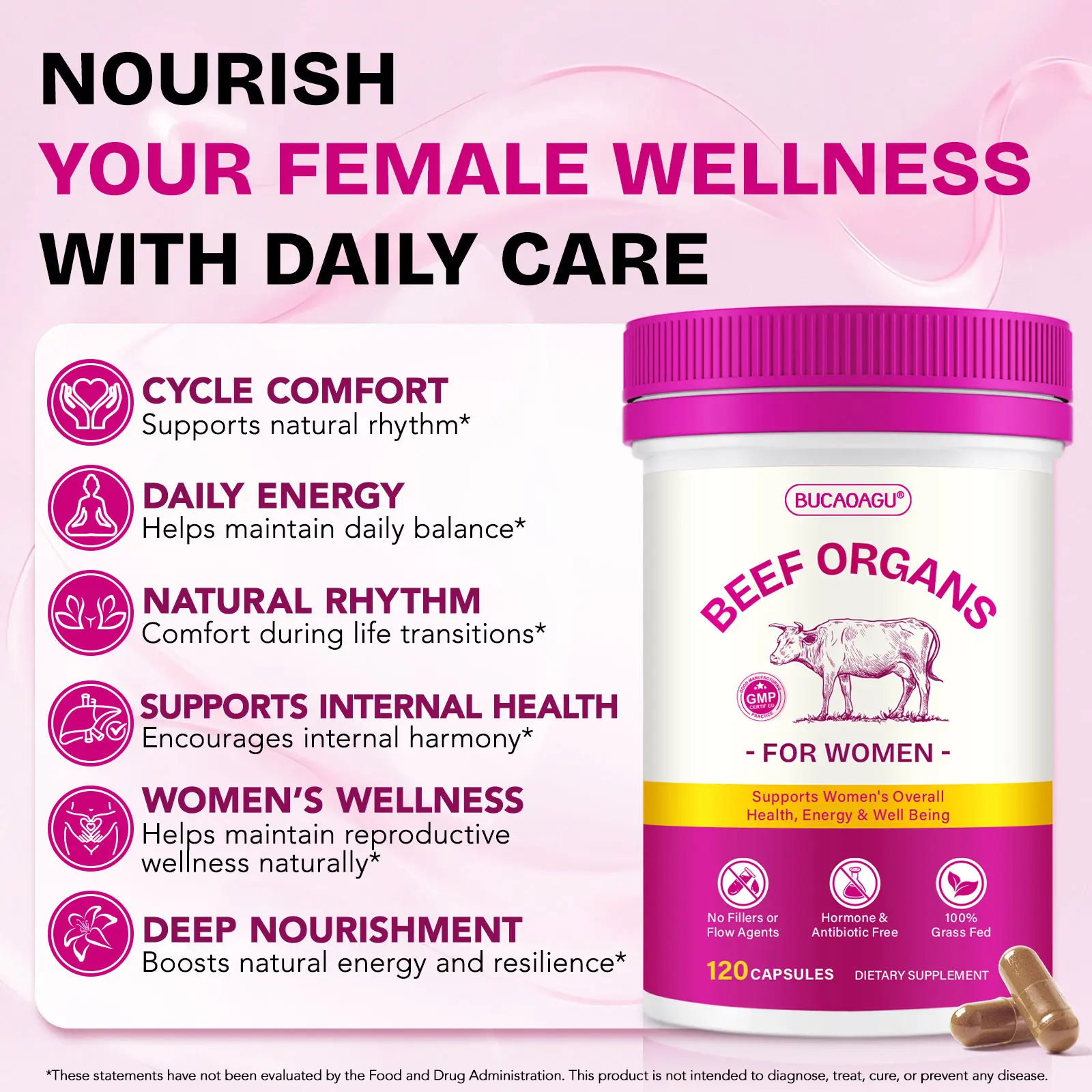 Beef Organs for Women - 6-in-1 Whole Food Supplement with Uterus, Ovary, Liver, Kidney & Heart for Hormone Balance, Energy & Healthy Aging*, Non-GMO, 120 Capsules (60-Day Supply) - The Ultimate Self-Care Gift for Mom