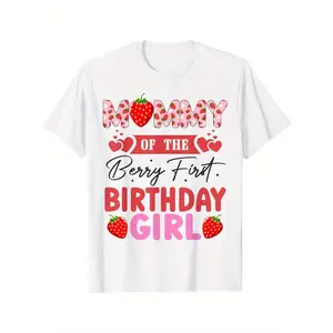Fitted Round Neck Streetwear Tshirt for 1st Birthday Girl's Mommy, White Short-Sleeve 100% Cotton Soft Breathable Casual Top with Strawberry & Heart Graphic, Machine Washable for Birthday Party & Casual Attire, Retro Vintage Metalcore Double Print