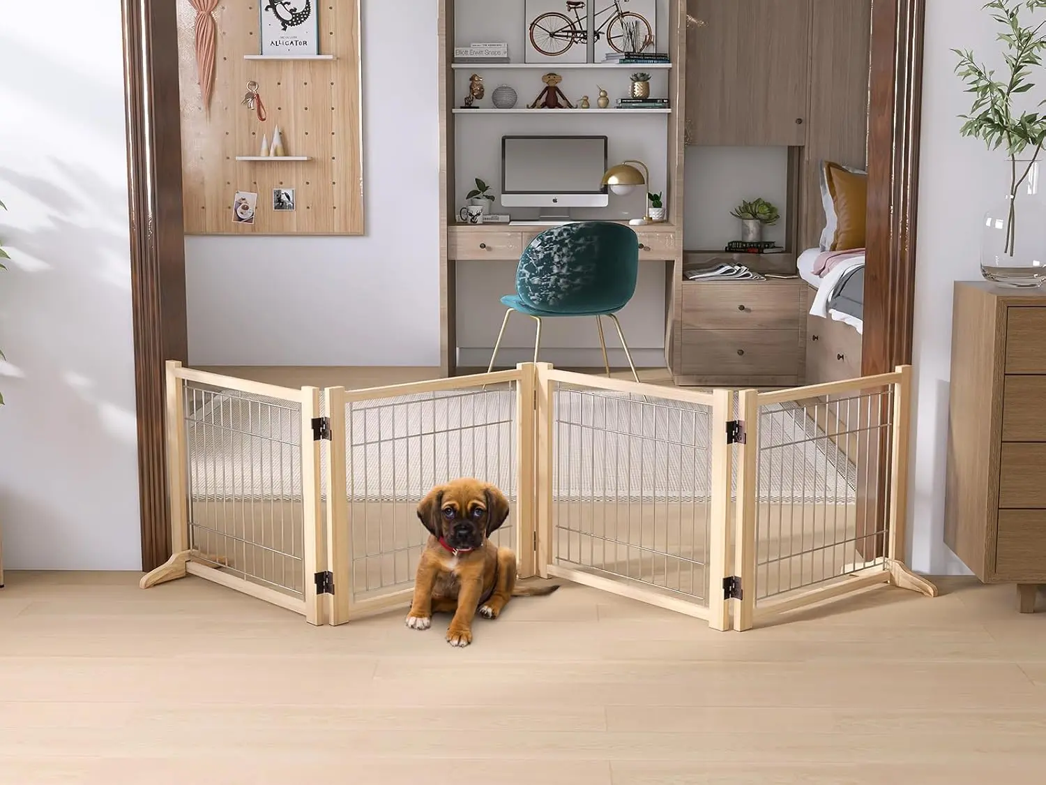 YOCan Wooden Freestanding Dog Gates Indoor,Pet Gate for Doorways, Stairs,Wood Dog Fences for The House,Step Over Fenc