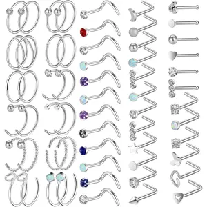 60 Pcs Nose Rings for Women Nose Rings Hoops 20G Nose Piercings Jewelry for Women Men Screw Hypoallergenic Surgical Steel Nose Ring Studs