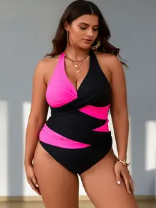 Plus Size Halter Neck Swimsuit Women Color Block One Piece Swimwear Ruched Tummy Control High Waist Beachwear Black Pink