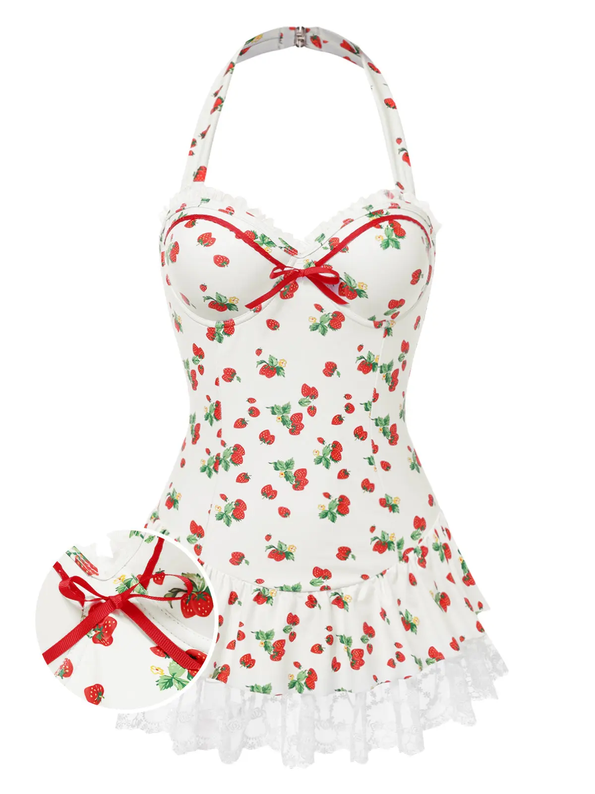 1950s Halter Strawberry Lace Bow Swimdressvacation swimwear for women cute summer outfits