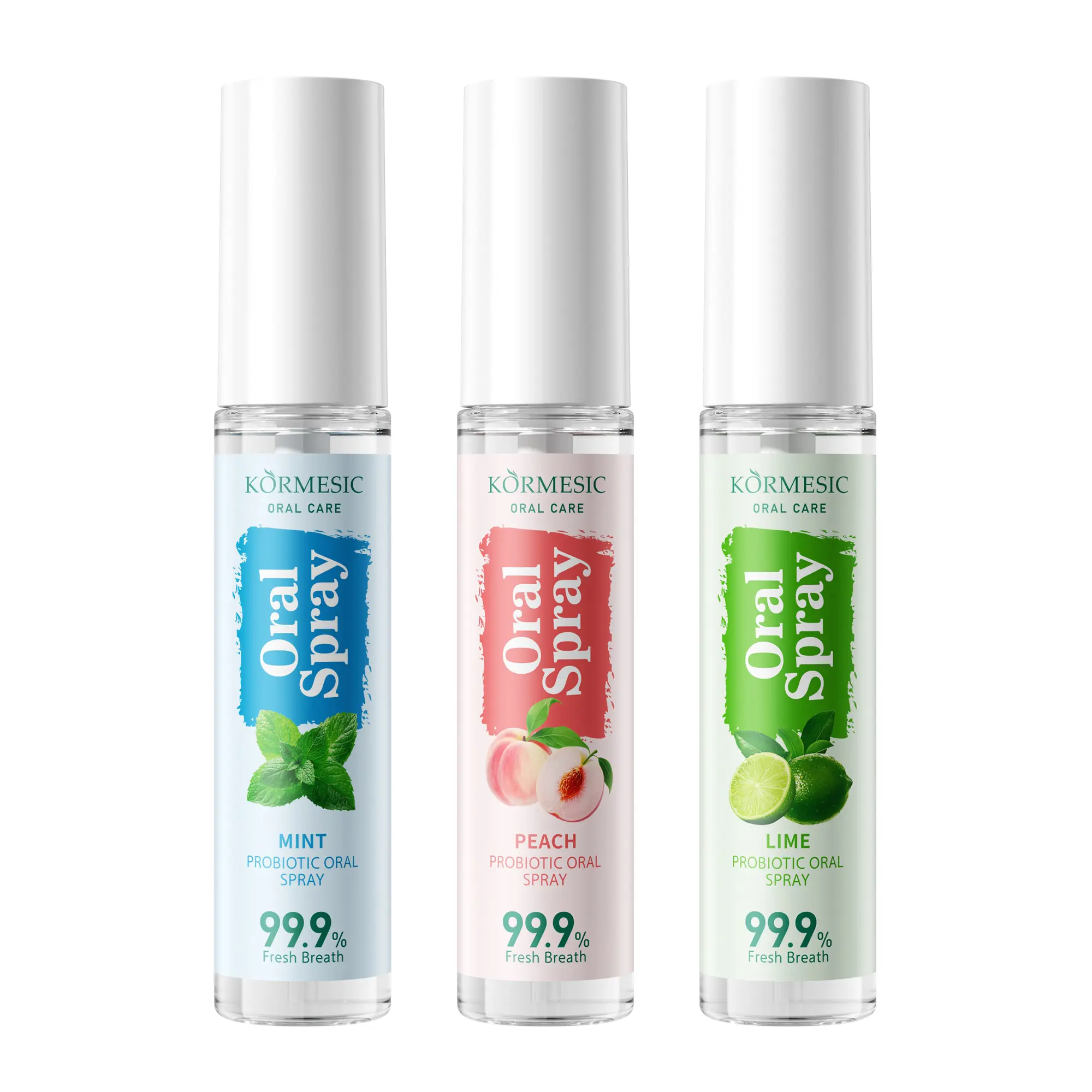 KORMESIC Probiotic Oral Spray, Probiotic Oral Care, 99.9% Bad Breath Killer, Fresh Mint/Peach/Lime Flavors, Gentle Formula, Portable Travel Daily Mouth Spray