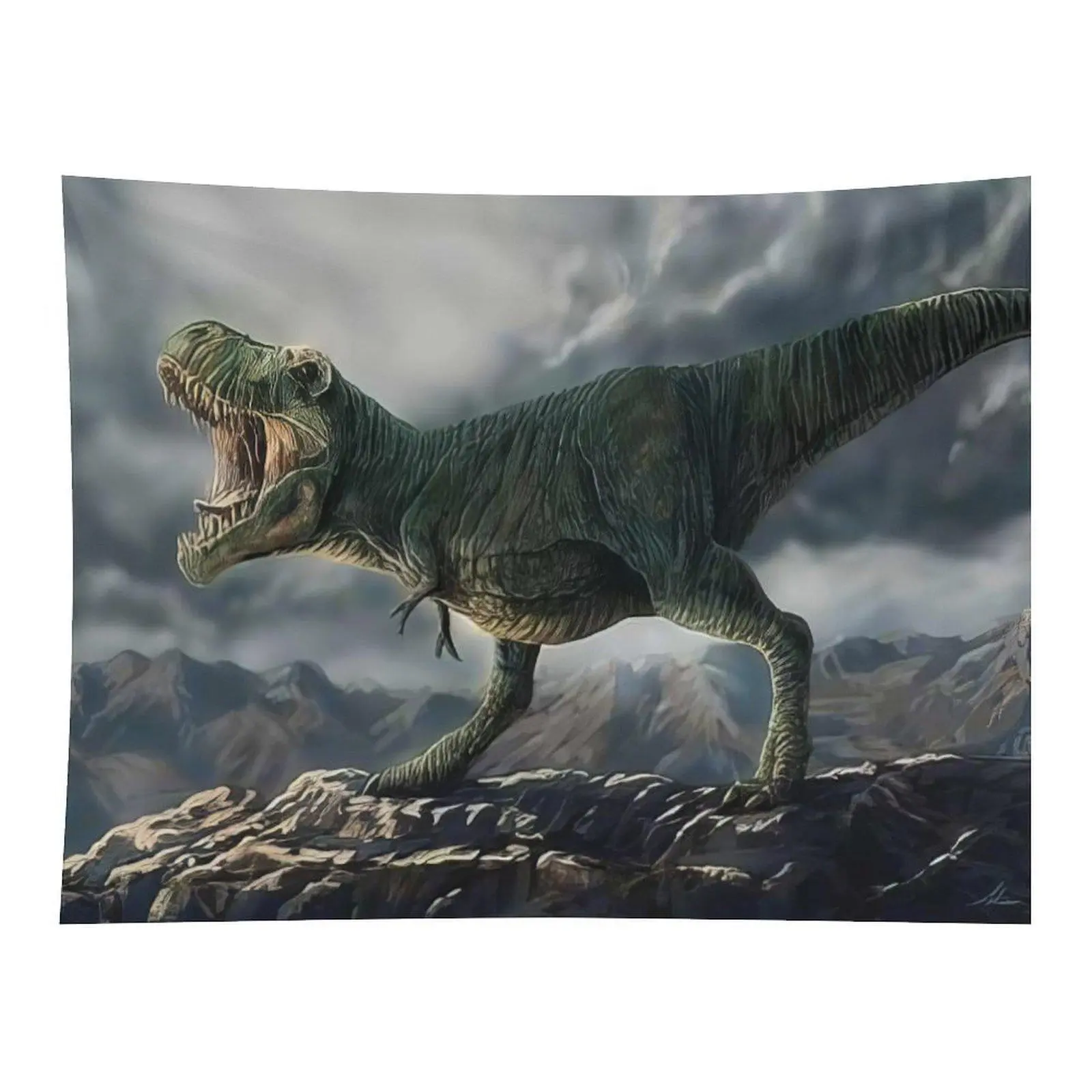 Fierce Tyrannosaurus Rex Dinosaur Wall Tapestry Realistic Prehistoric Creature Mountain Landscape Art for Boys Room Bedroom Nature Theme Wall Decoration