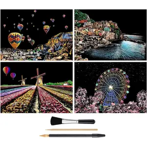 Rainbow Scratch Art Painting Paper (A4) for Kids & Adults, DIY Night View Scratchboard Set: 4 Sheets Scratch Cards & Drawing Pen, Clean Brush (Cinque Terre / Windmill / Hot Air Balloon / Ferris Wheel)
