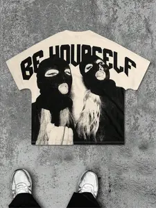 Men's Letter Print Balaclava Mask, Regular Fit Casual Streetwear Soft Comfy Fitted Short Sleeve Pajama T-shirt for Summer, Men's Sleepwear & Loungewear for Daily Wear, Menswear