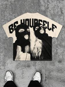 men's letter print balaclava mask, regular fit casual soft comfy short sleeve pajama t-shirt for summer, men's sleepwear & loungewear for daily wear