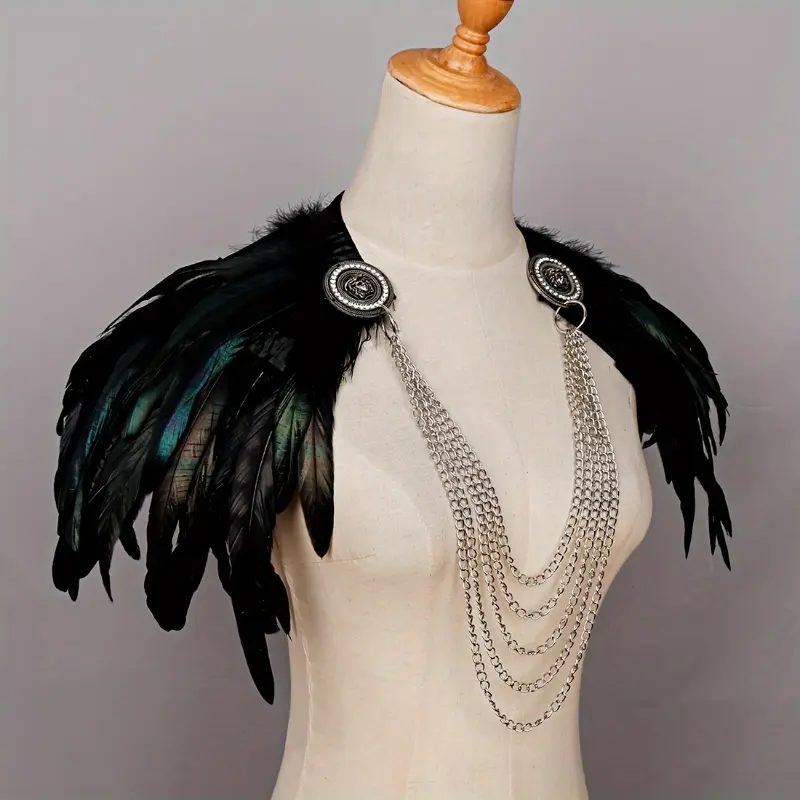 Women's Viking-Inspired Artificial Feather Shawl - Black with Golden Accents, Knitted Texture, Hand Washable, Keep Warm, Halloween Party Costume