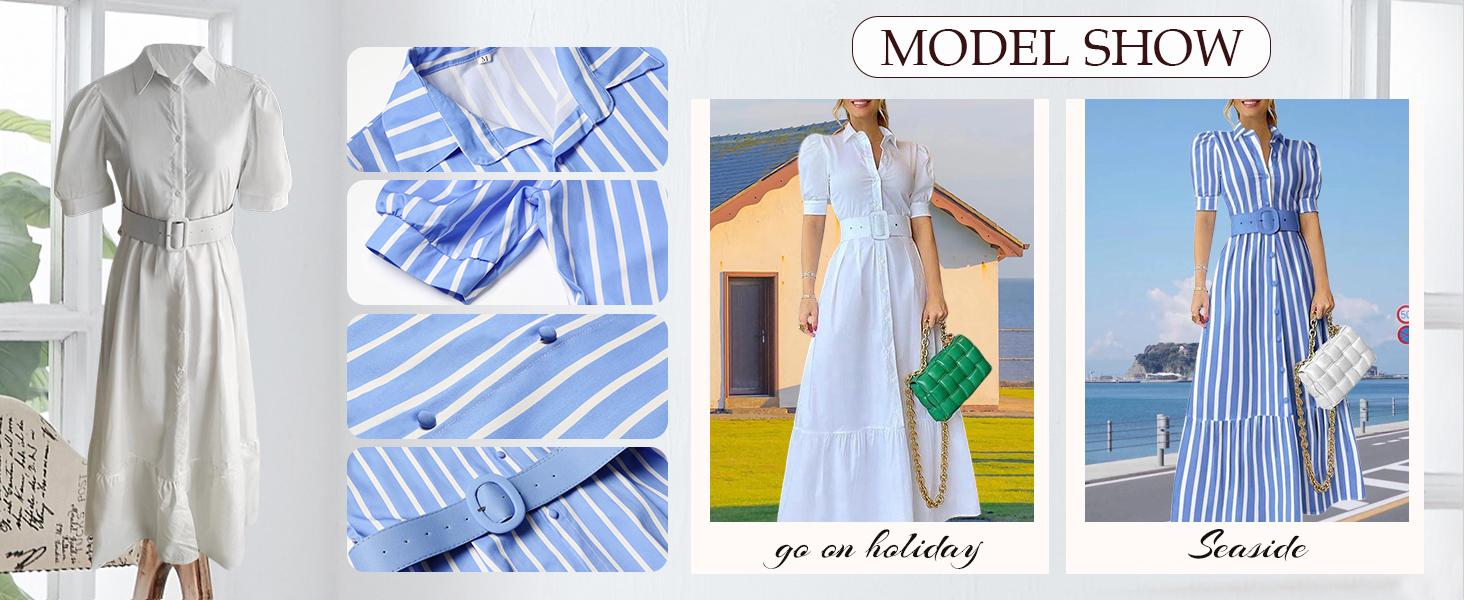 EBOSSY Women's Striped Button-Down Shirt Dress, Casual Puff Short-Sleeve Ruffle Hem Maxi Dress with Belt for Summer-Spring Casual Wear, Womenswear Stripe Pattern Design EBOSSY Women's Striped Button-Down Shirt Dress, Casual Puff Short-Sleeve Ruffle Hem Maxi Dress with Belt for Summer-Spring Casual Wear, Womenswear Stripe Pattern Design