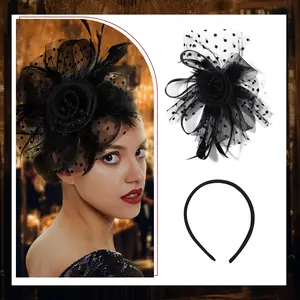 Women's Elegant Black Mesh Feather Hair Clip Headband Fascinator Vintage Tea Party Wedding Cocktail Headwear