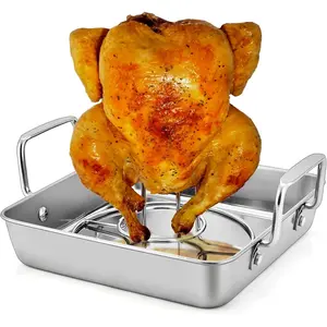 Beer Can Chicken Holder with Roasting Pan Set, 9-inch Stainless Steel Square Baking Pan and Chicken Rack For Grilling, Heavy Duty & Dishwasher Safe, 2Pcs