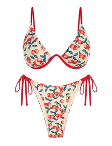 ZAFUL Women's Bikini Sets Ribbed Two Piece Swimsuits Underwire Adjustable Back Clasp Bathing Suit Side Tie Thong Swimwear