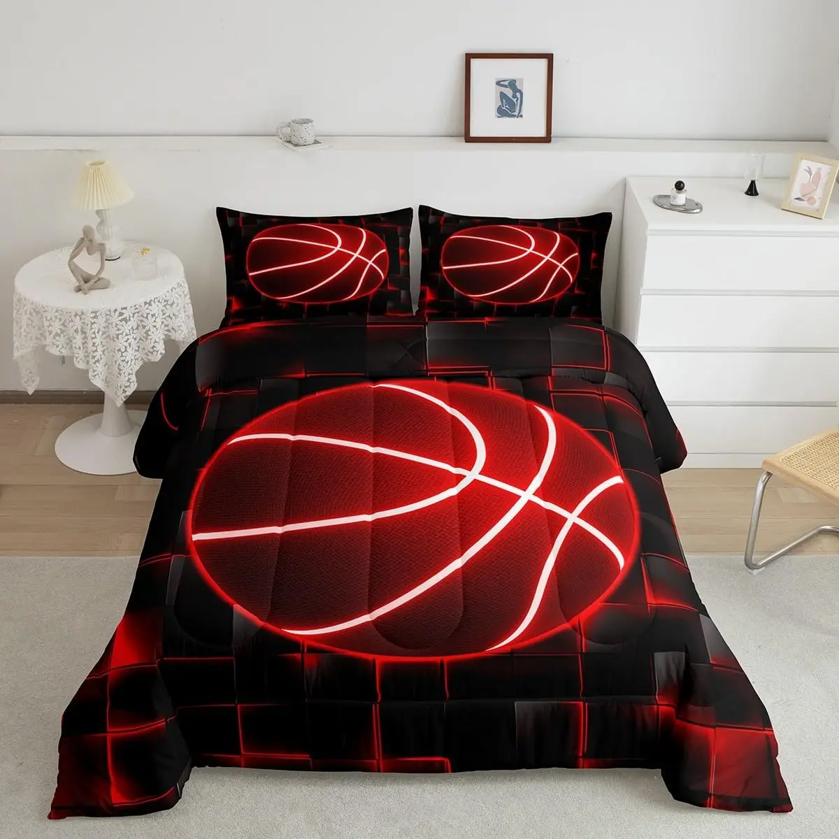 Feelyou Microfiber Comforter Bed Set - Red and Black Luxury Geometric Honeycomb Duvet, Soft Bedding for Basketball & Gaming Sports Enthusiasts, Breathable Quilt, Microfiber Bedding Set, Soft Bedding Set