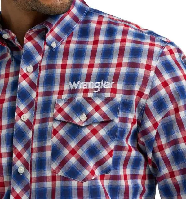Wrangler® Men's Logo Long Sleeve Button Down Shirt, Blue
