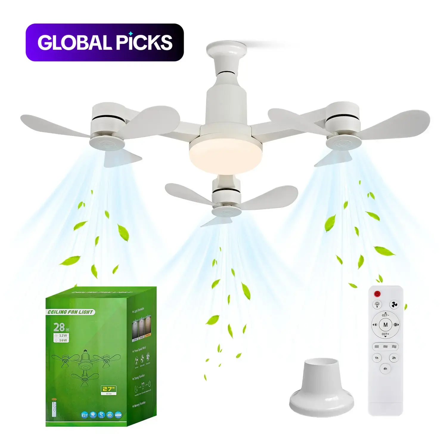 E27 Socket Ceiling Fan Light with Remote Control, 3-Head Drone Fan Lamp with Extended Pole and Base, Adjustable Brightness, 3 Speeds, for Bedroom and Small Room, Ceiling Lights #GLOBAL PICKS