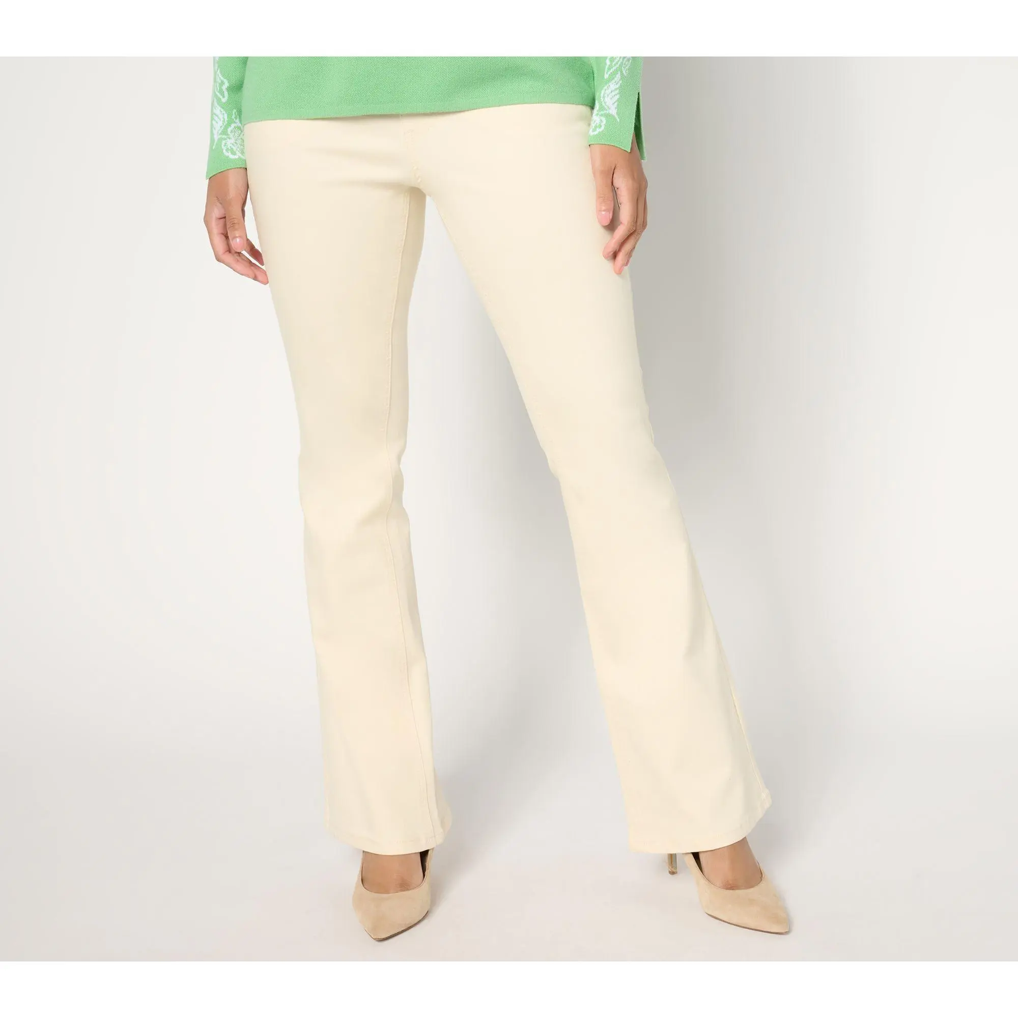 Susan Graver Petite Stretch Denim Pull-On Flare Jean -Ecru