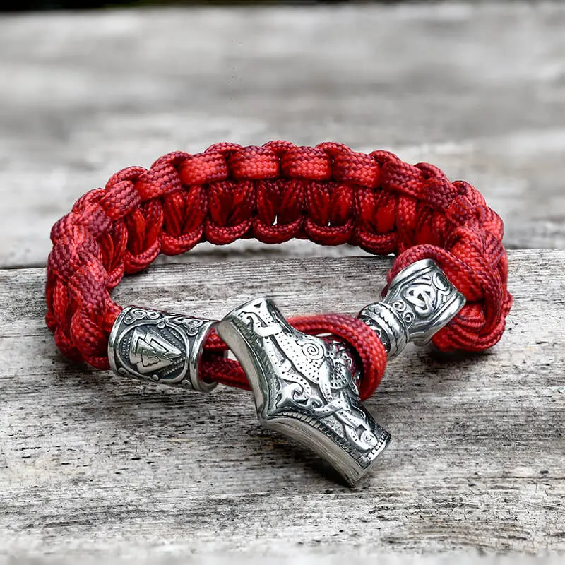 GTHIC Red Thor’s Hammer Valknut Stainless Steel Paracord Bracelet Vintage Norse Jewelry for Men Women Daily Wear