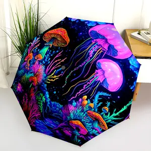1 PC Automatic Folding Umbrella - Underwater Mushroom Jellyfish Fantasy Pattern, Portable & Foldable Design with 8 Ribs, Merry Christmas Pattern,Casual Outdoor Accessory Halloween and Christmas Birthday Gifts. H00173