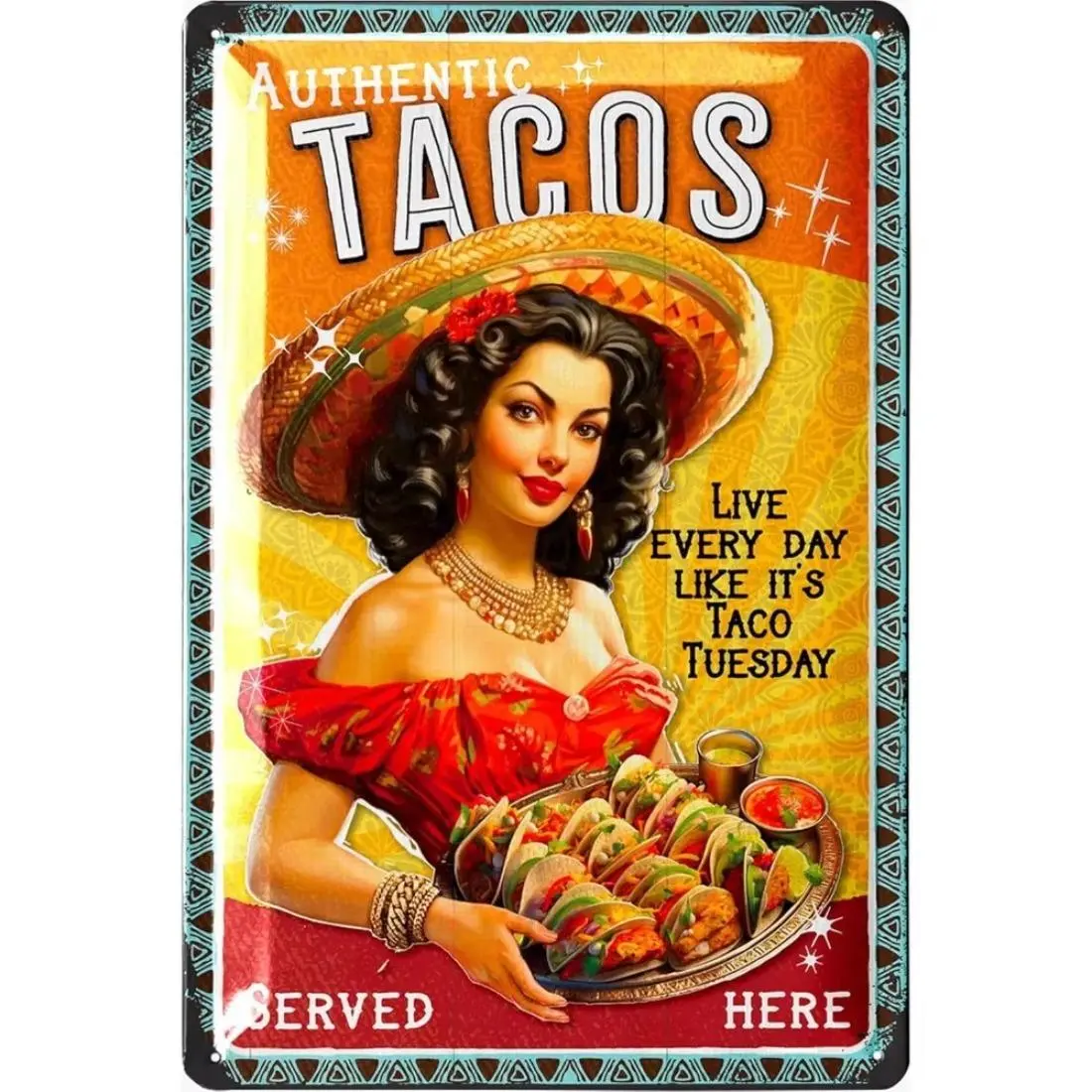 Vintage Tacos Pattern Metal Sign, Retro Kitchen Food Poster, Wall Decor Plaque for Taco Bar Hot Dog Stand, Shabby Chic Home Decor