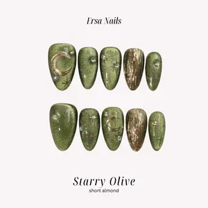 ErsaNails STARRY OLIVE - Short Almond 10 PCS Handmade Press On Nails | Cat Eye