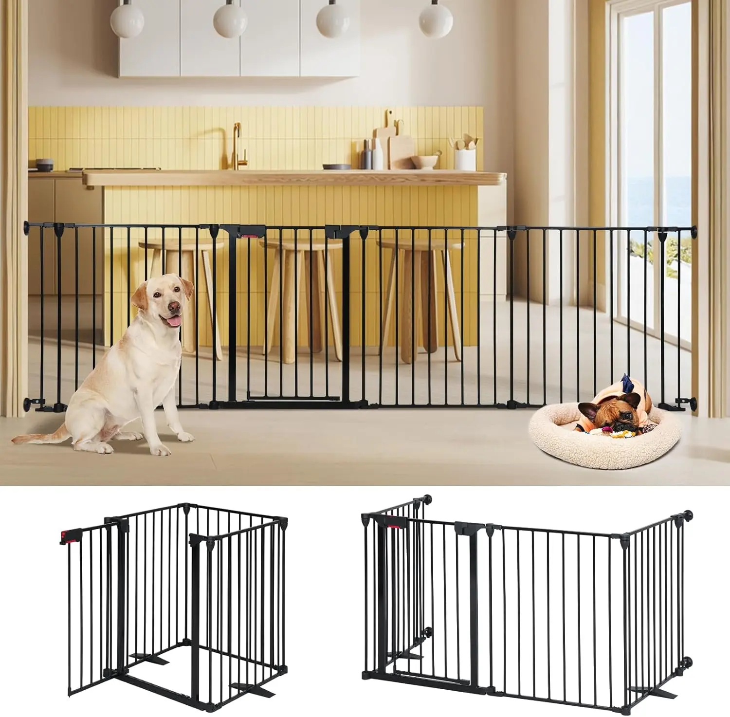 SMONTER Freestanding Dog Gates with Door Walk Through, Extra Wide Doggy Door 29" H Pet Gate Safty Dog Fence for Stairs, Doorways