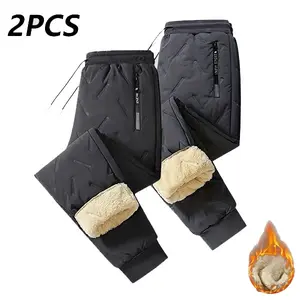 2pcs Autumn Winter Men's Outdoor Fleece Lined Warm Zipper Pocket Jogger Pants With Drawstring Trendy Versatile Ankle-Length Winter Pants