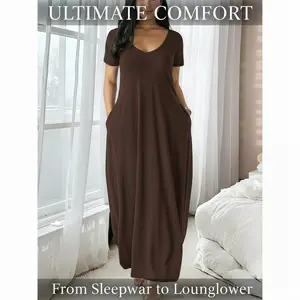 Women's Long Coffee Color Dress, Casual Fitted Style, Large Round Neck Short Sleeve Pocket Sleepwear, Soft Fabric All Seasons Wear