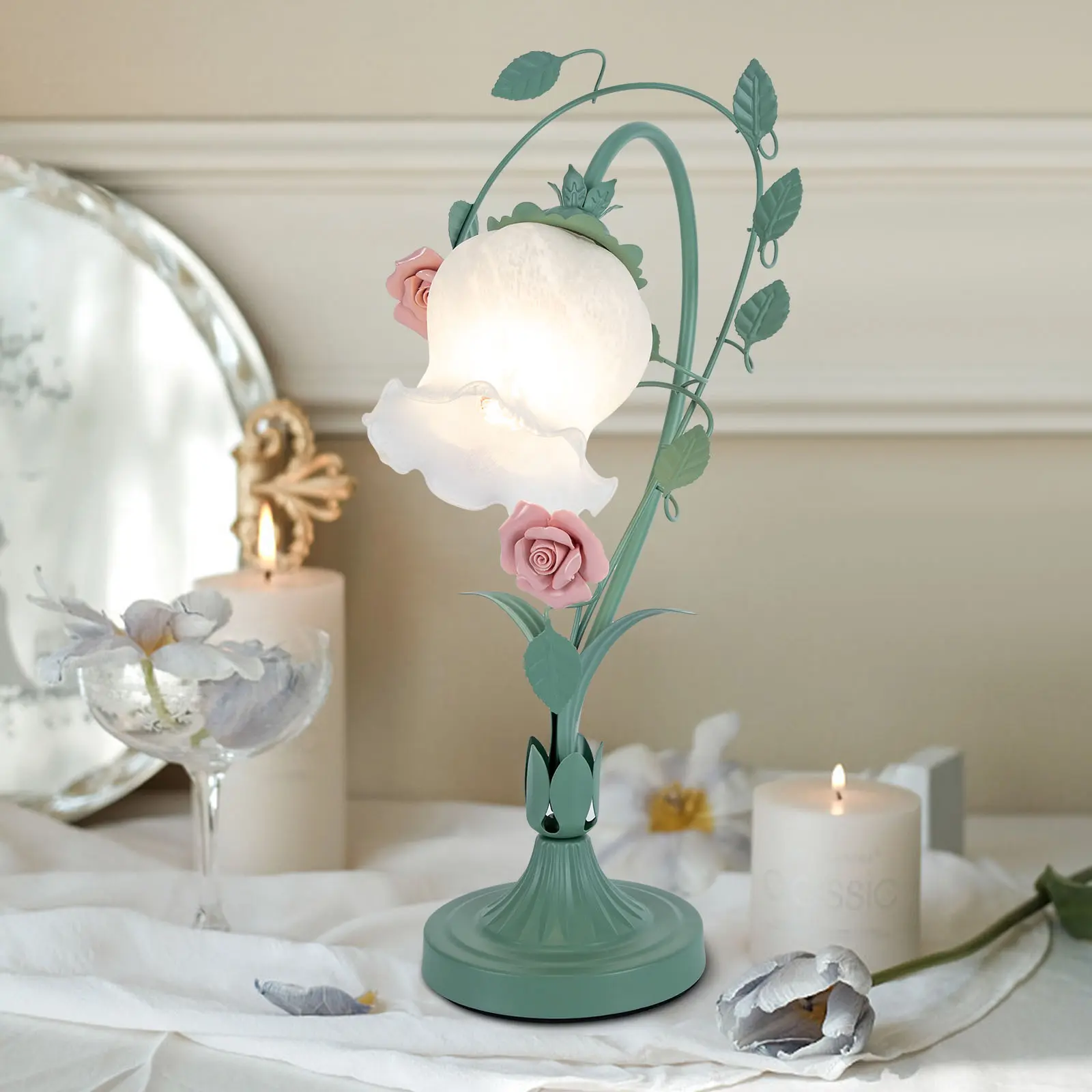 16.9in Handmade Floral Table Lamp - Glass Lampshade, Ceramic Rose Accent, Cord-Switch Indoor Mood Lighting, Artistic Hand-Painted Illuminated Flowers Novelty Lighting for Bedroom, Living Room (Bulb Not Included), Table Lamps, Flower Lamp Novelty Li